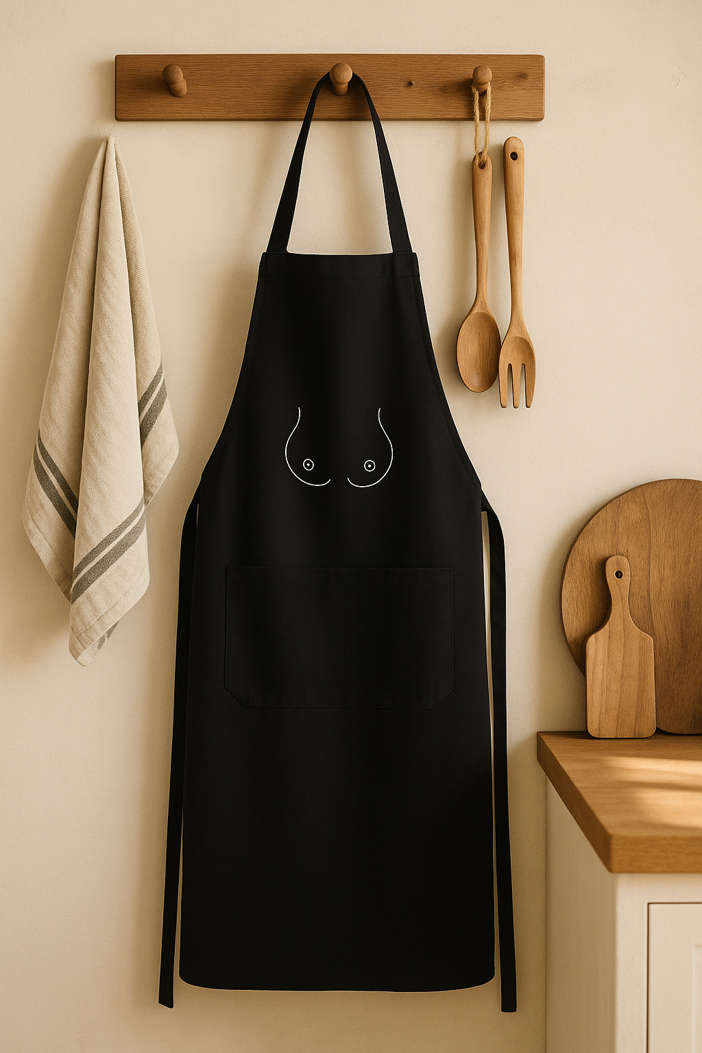Black breast apron on a wooden hook against a beige wall in the kitchen.