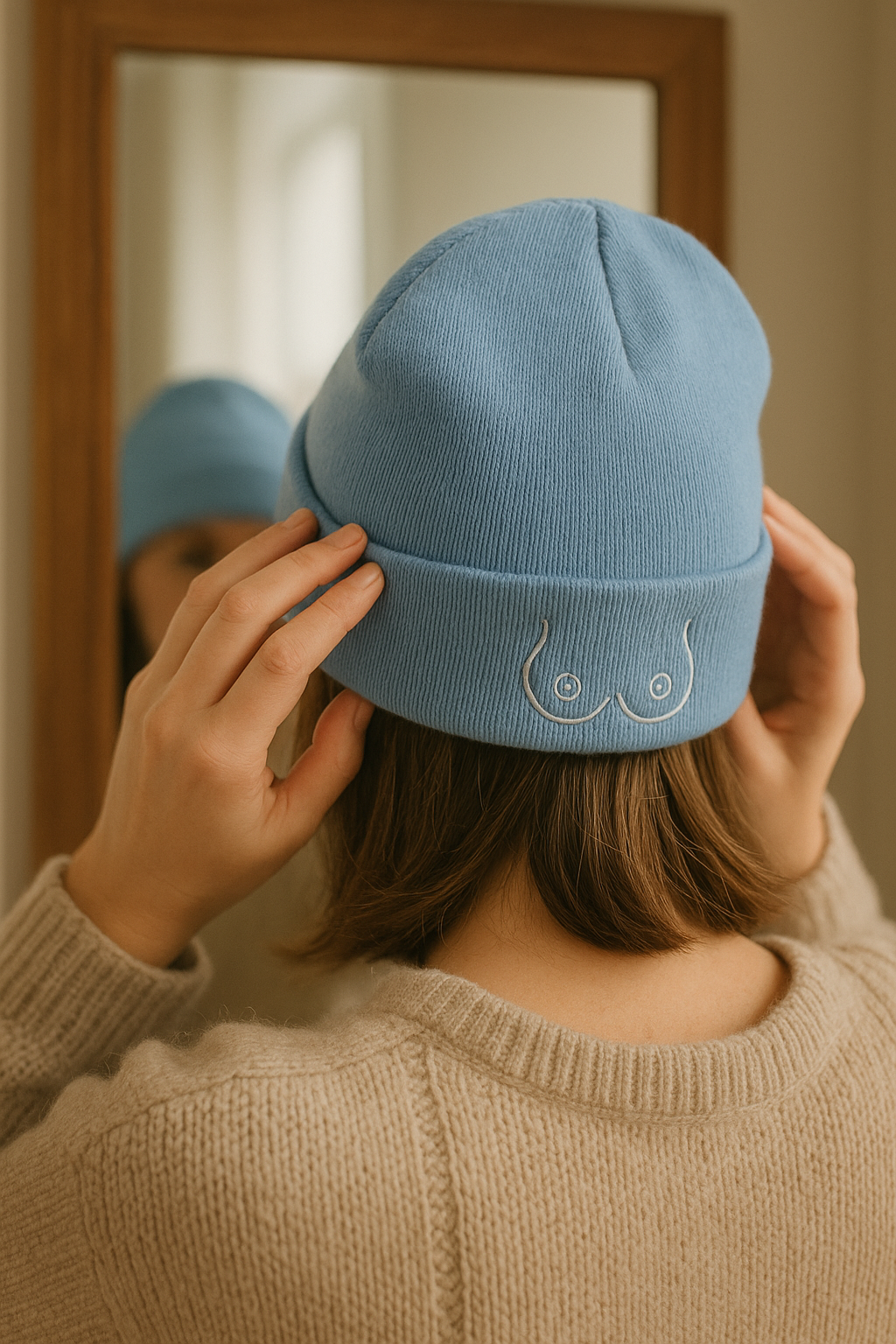Person wearing a blue knit beanie with a small breast design, standing in front of a mirror.