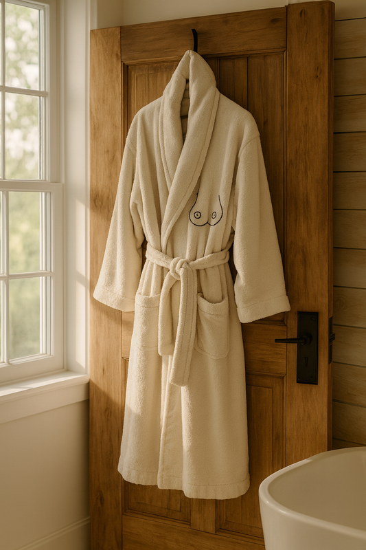 Beige breast bathrobe hanging on a wooden door in a bathroom.