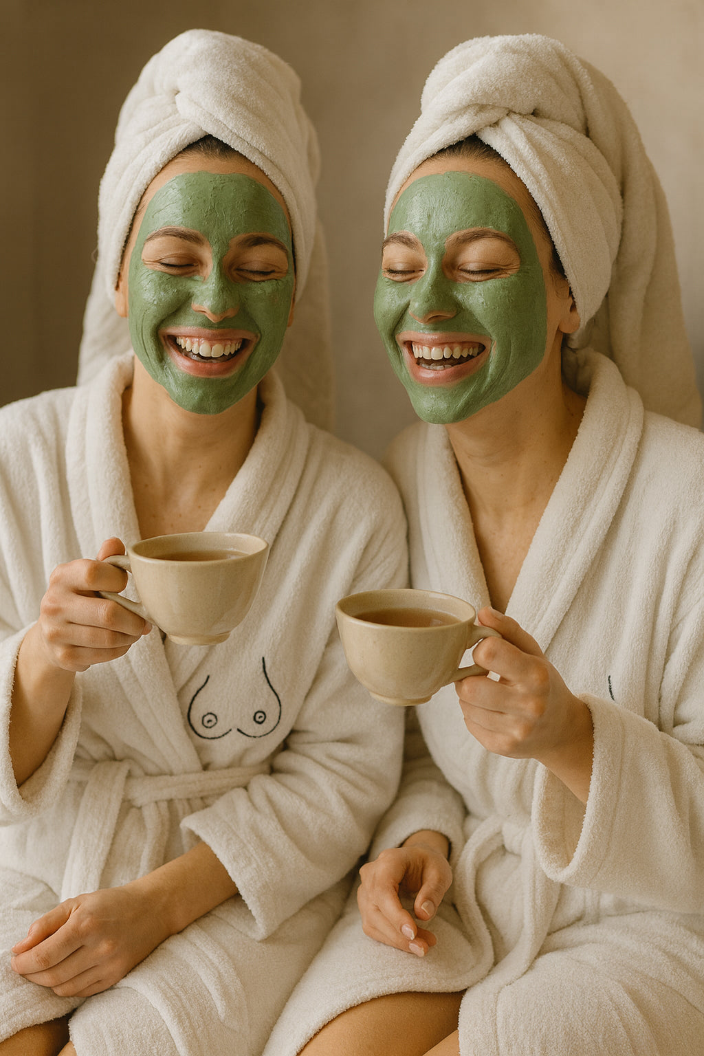Two women with green face masks, beige breast bathrobes, and towels on heads, holding mugs.