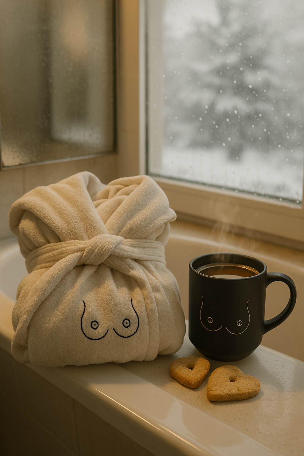 Beige breast bathrobe, black breast mug , cookies on a bathtub with snow outside