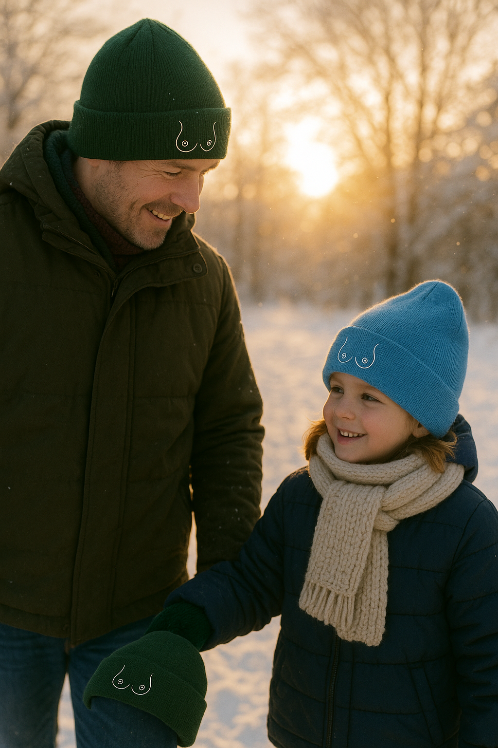 Man and child with a blue and green breast beanie in winter clothing standing in a snowy landscape with a sunset.