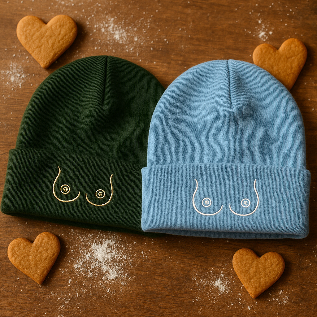 Two beanies, one green and one blue, with breast designs on a wooden surface with heart-shaped cookies.