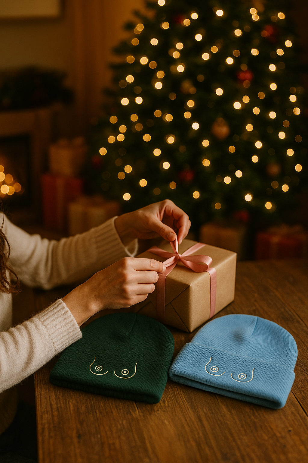 Person wrapping BABC breast beanies as a gift with a Christmas tree in the background