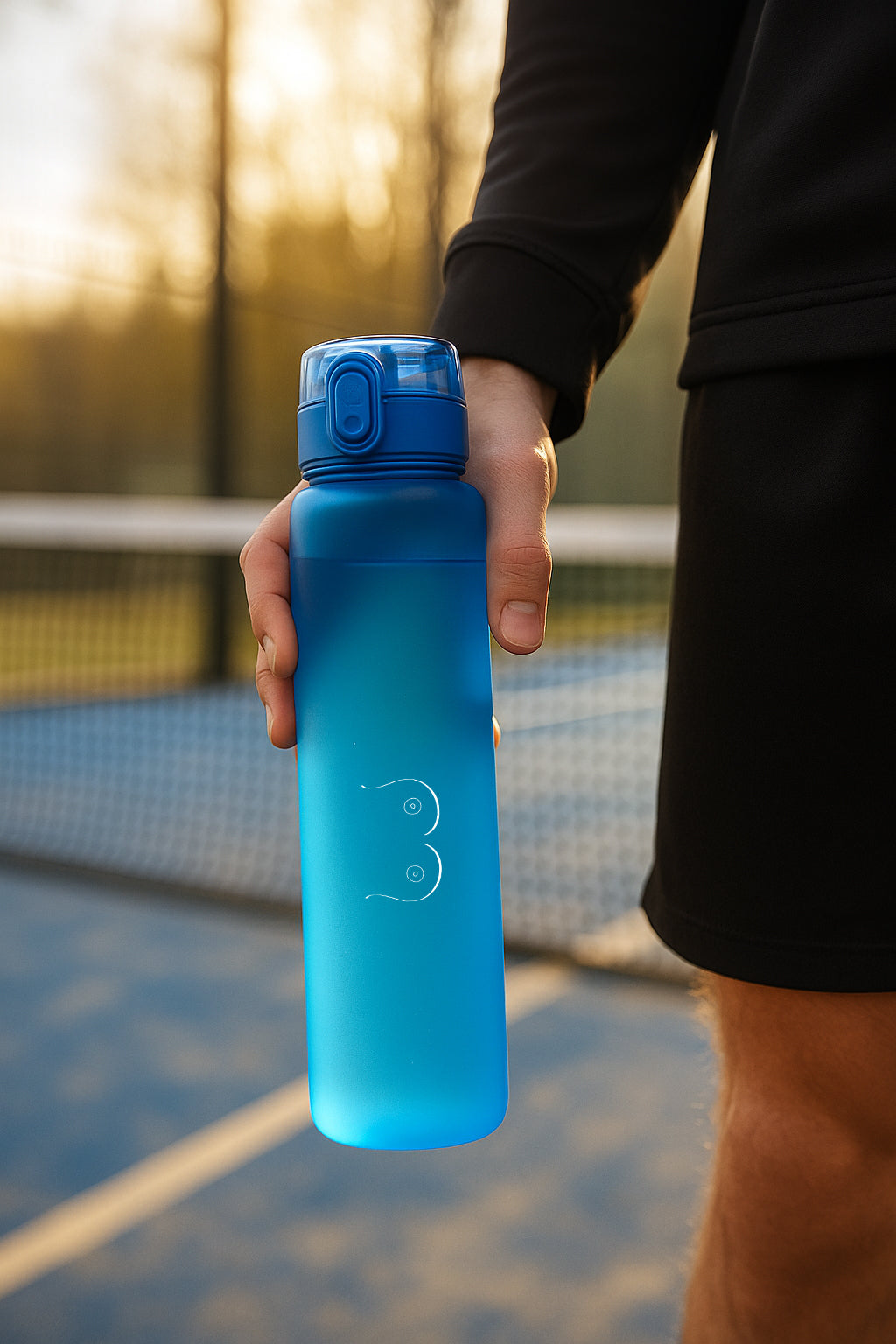 Person holding a blue breast water bottle on a padel court