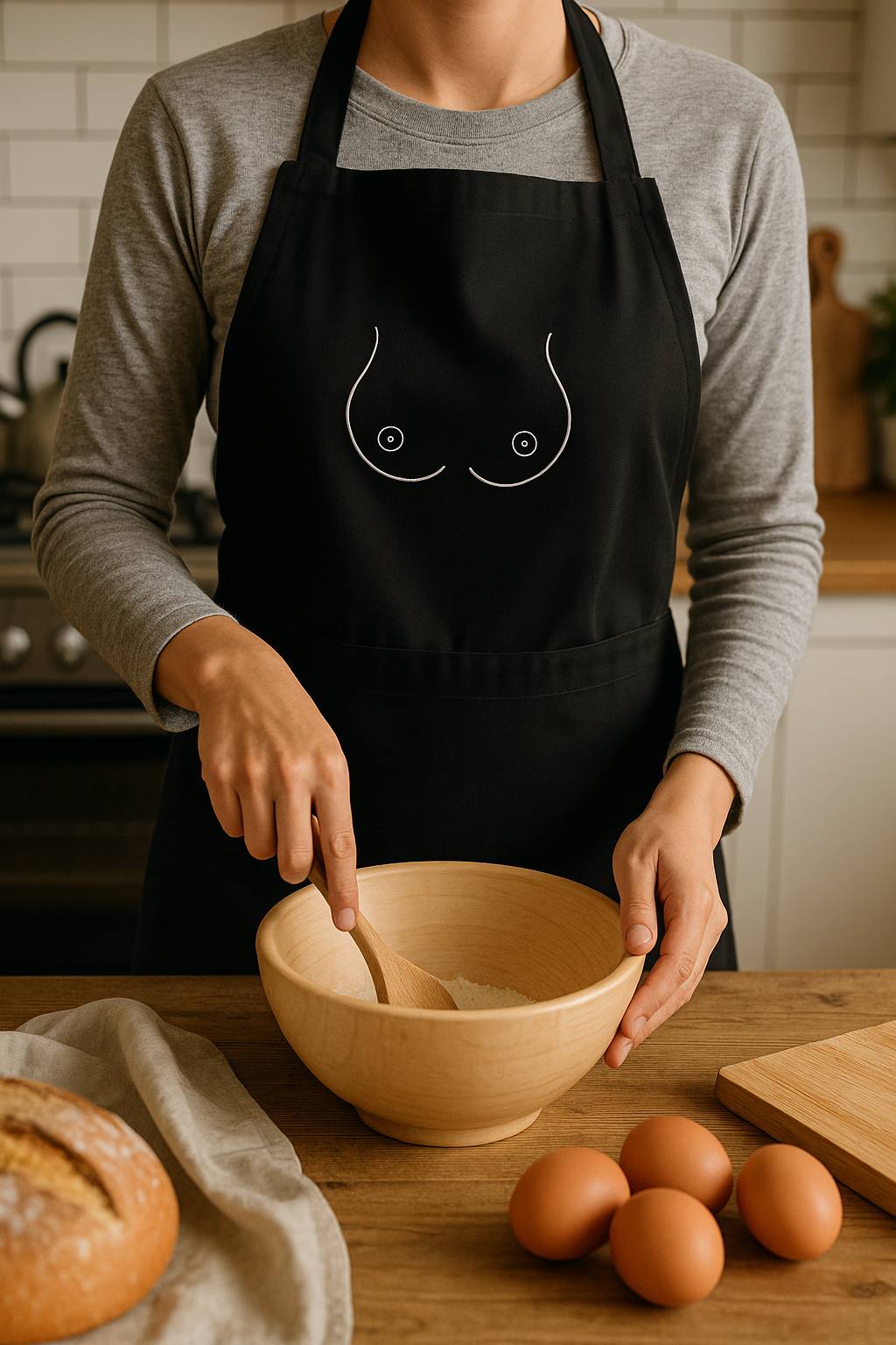 Person wearing a black breast apron in a kitchen setting.