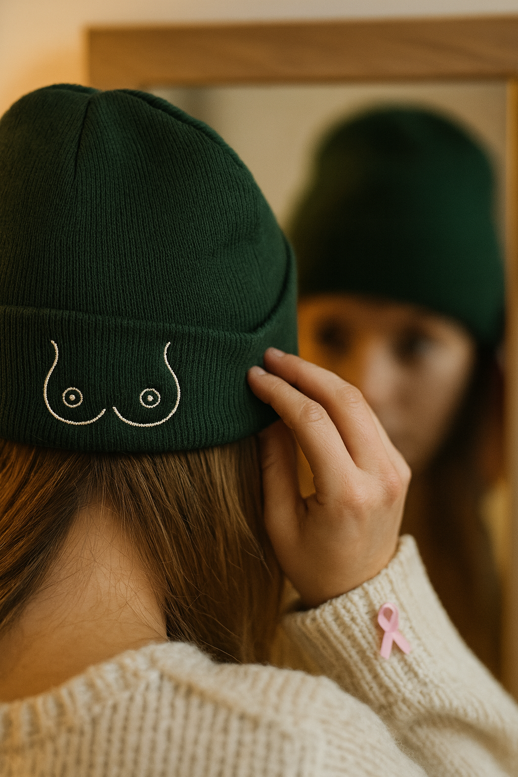Person wearing a green beanie with a small breast design, adjusting it in front of a mirror.